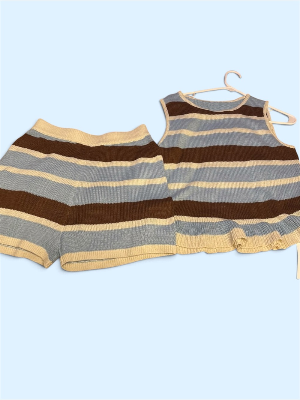 Striped Knit Tank & Shorts Set - Blue, Brown, Cream